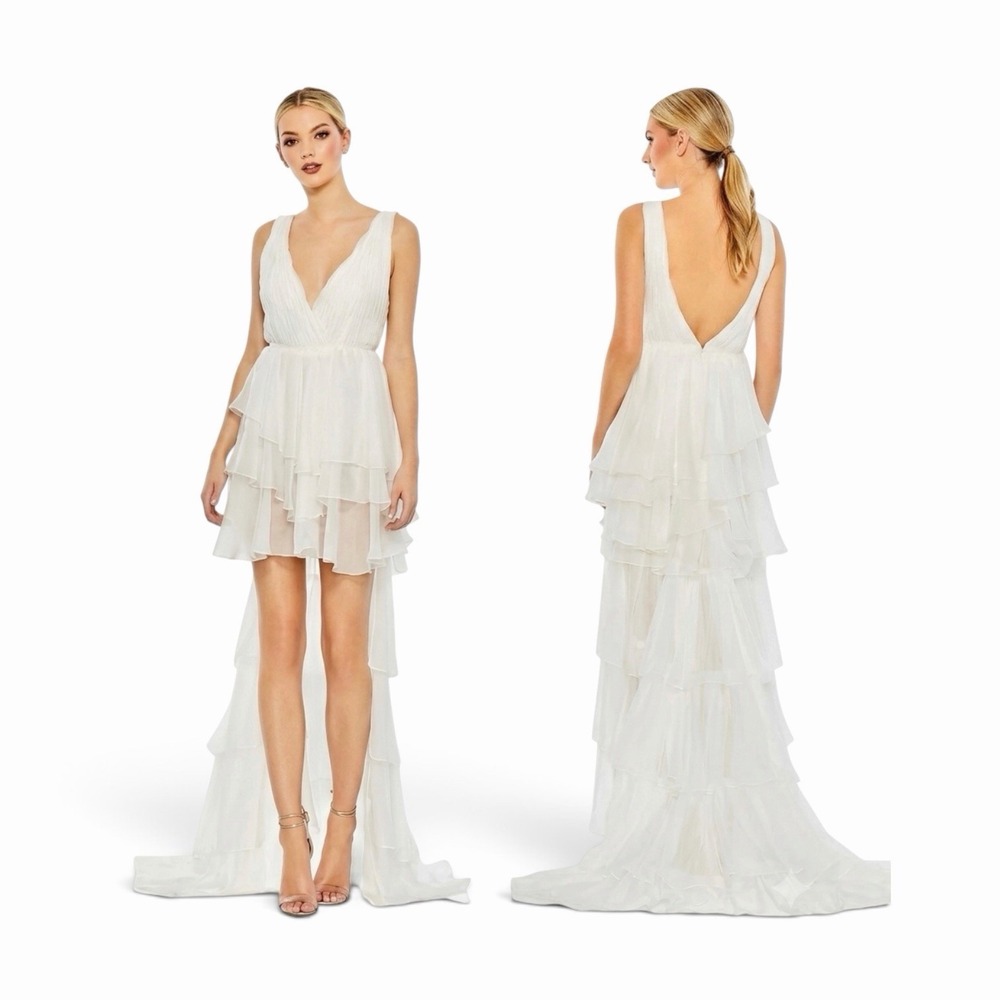 Mac Duggal 55320 Size 4 White Hi Low Tiered Train Ruffle Gown Built In Bodysuit